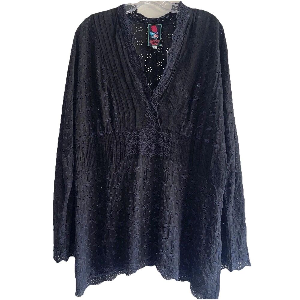 JOHNNY WAS Black Embroidered Eyelet Tunic Top Size L Long Sleeve V Neck Blouse